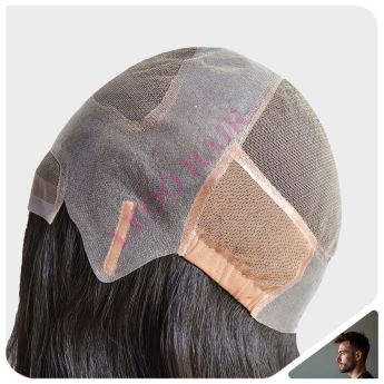 LCMAW13 Custom Men Front and Top Swiss Lace + PU + Side Elastic Net Wig