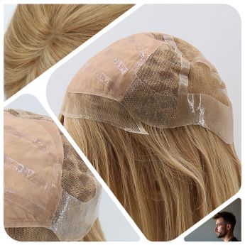 LCMAW69 Custom Men Wig Front and Temple Swiss Lace, Top Silk 4x4",Silicone PU, Back Elastic Net with NPU