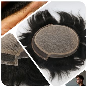 LCMT138 Custom Men Toupee Front Swiss Lace Top Silk Base with Side and Back PU